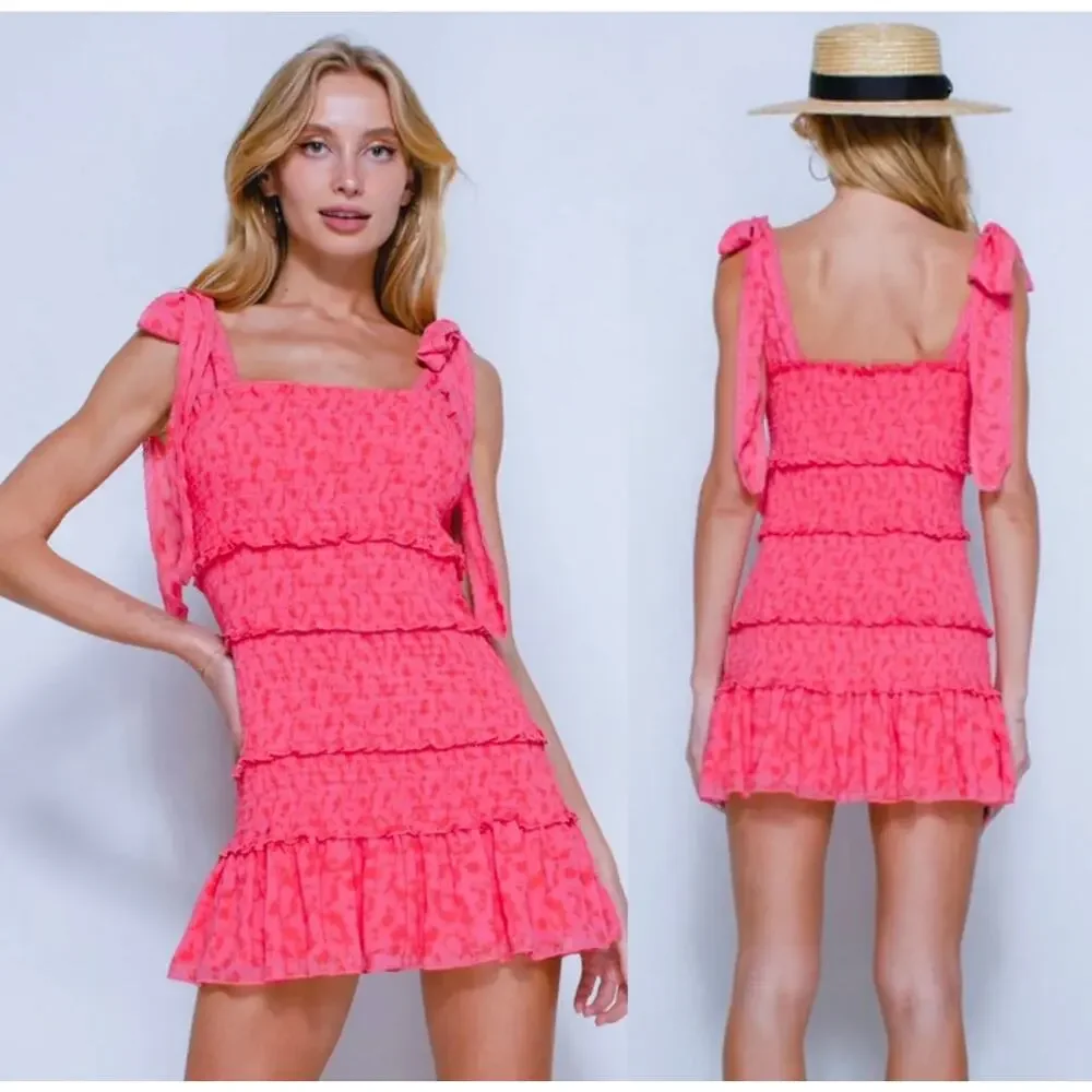 Bright Pink Smocked Floral Tiered Ruffle Mini Dress M Feminine - Picture 2 of 7